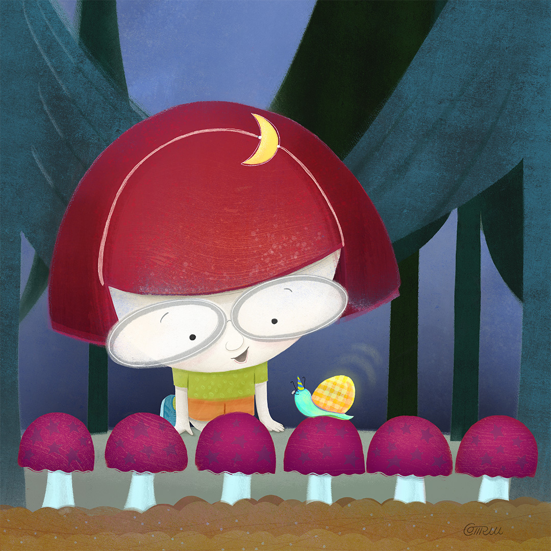 Little girl meets a unicorn snail